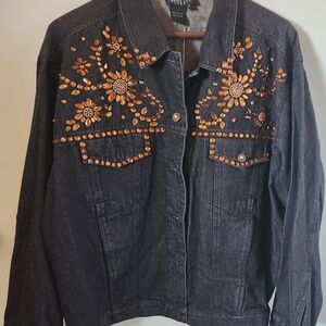 Elegant Black Denim Jacket with Orange Embellishments